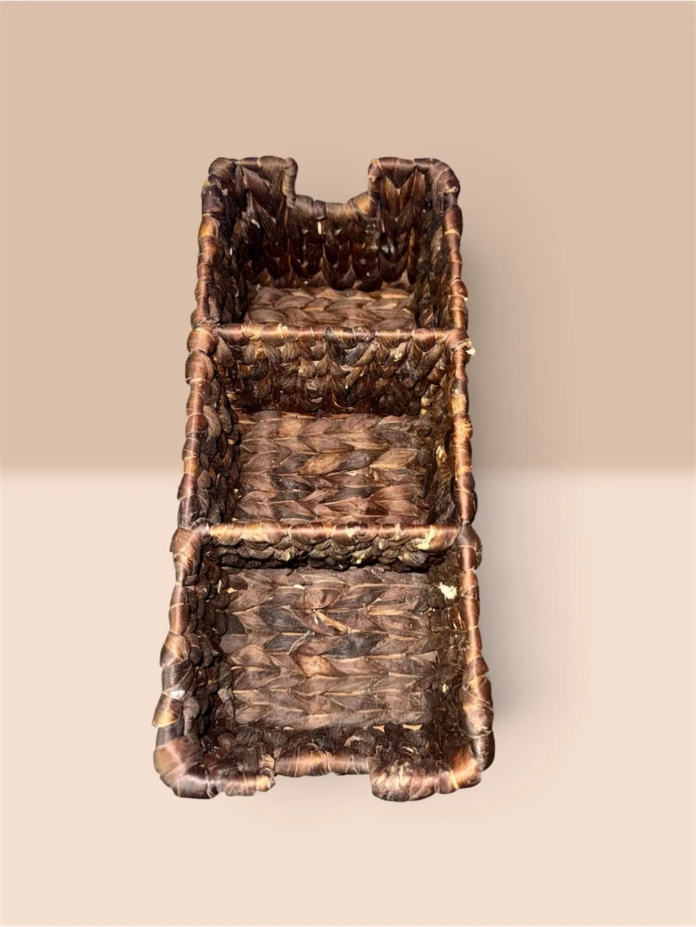 Handwoven Brown Wicker Divided Organizer Basket | Rustic Boho Storage Caddy